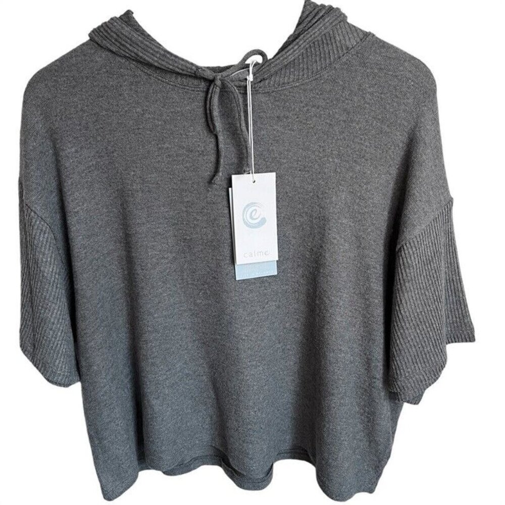 NWT Calme  M Cozy Hooded Gray Crop tee Shirt 114829